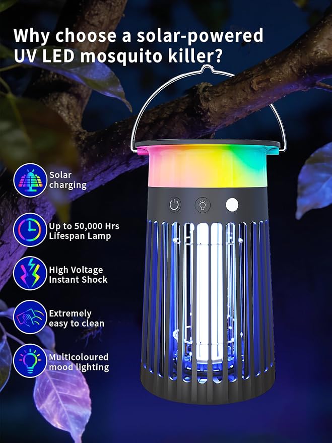 NEXLY SJZ-091 Solar Bug Zapper Portable Outdoor Waterproof Mosquito Killer Light Indoor Home Rechargeable Fruit Fly Trap Lamp 4200V Electric Gnat Traps for Room Garden Courtyard Kitchen Camping Patio