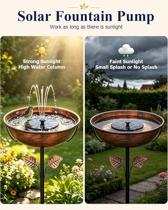 Metal Bird Bath with Solar Fountain for Outside, 3" Deep Removable Birdbaths Bowl with Metal Ground Stake, Easy to Clean Outdoor Bird Bath for Garden Yard Lawn Decor, 1.4 Gallon
