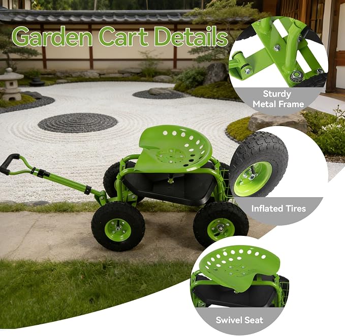Rolling Garden Cart - Outdoor Workseat with Wheels, Heavy Duty Garden Tool Cart with Storage Bracket and Tool Tray for Yard, Planting Gardening Work (Green)