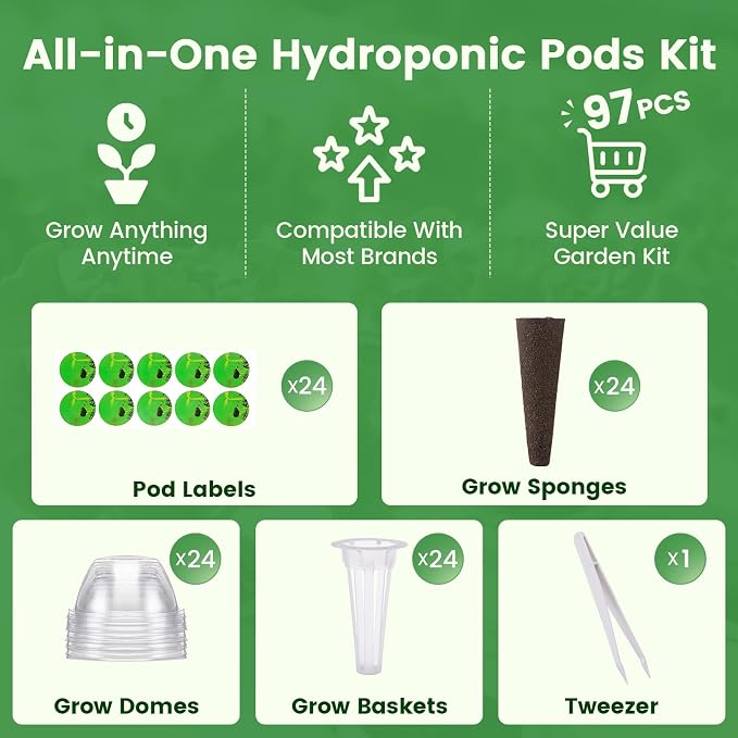 97Pcs Hydroponic Pods Kit, Compatible with Aerogarden, Including 24 Grow Sponges&Labels, 24 Baskets&Domes, 1 Tweezers, Indoor Hydroponic Supplies for Vegetables, Herbs, Lettuce