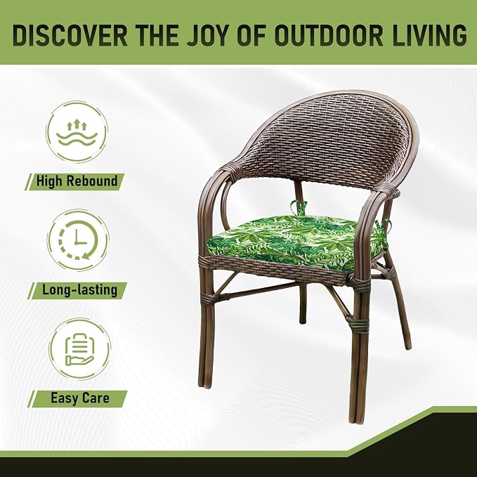 Basic Beyond Outdoor Chair Cushions Set of 4, Outdoor Cushions for Patio Furniture, Water Resistant Patio Chair Cushions with 2 Ties, 17x16x2, Green Leaves