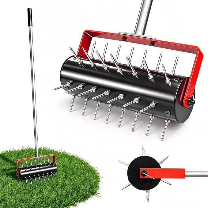 Rolling Lawn Aerator Tool Heavy Duty Manual Push Aerator Lawn Tool with 42 Spikes Lawn Aerator Spike Tool Soil Penetrator Push Lawn Aeration for Garden Yard Patio (Red)