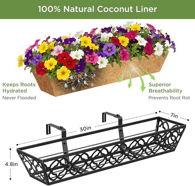 Y&M 30'' Large Window Box Railing Planter with Coco Liner, Outdoor Window Flower Boxes Over The Railing Planter Boxes Deck Fence Porch Patio Planter-2 Pack