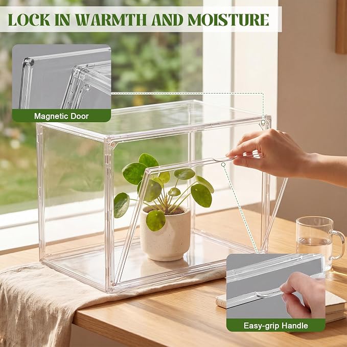 Novabright Mini Greenhouse Indoor, Clear Portable Tabletop Green House with Magnetic Door for Seed Starting, Plant Grow Warmer and Home Gardening Display (14.1 x 10.6 x 9 Inch)