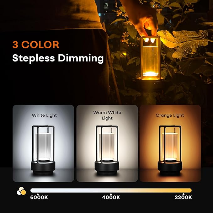 HAPYGI Portable Metal Table Lamp for Indoor/Outdoor,Rechargeable Cordless LED Lamp, 3-Colour Infinitely Dimming Battery Powered Small Desk Lamp, Restaurant/Bedroom/Bar/Coffee/Camping Light (Black)