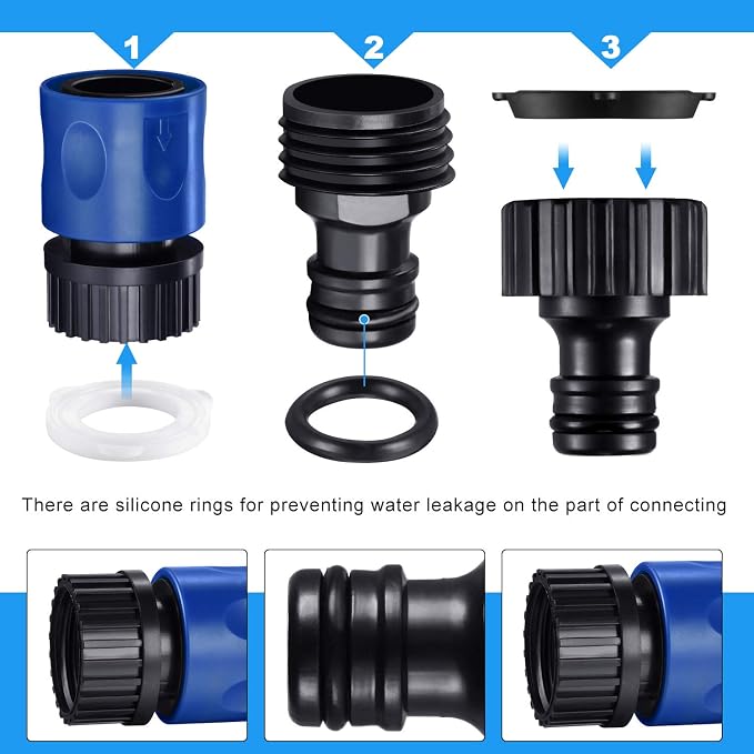 16 Pieces Garden Hose Quick Connector 3/4 Inch Plastic Water Hose Fittings Male and Female Connectors End Adapters with 10 Pieces Rubber Gaskets(Blue, Black)
