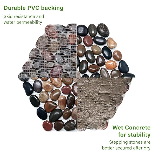 10in River Rock Stepping Stones Set - 6 Pack | Polished Pebble | Long-Lasting PVC Mesh Backing | Perfect for Garden Paths and Lawns Outdoor Landscaping Decoration | Rhombus and Round Set