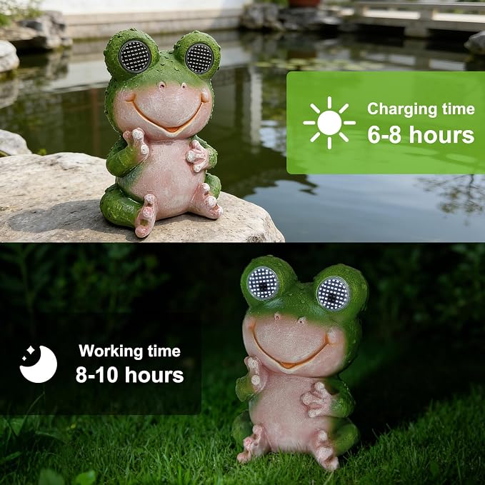Solar Frog Garden Statue with LED Blinking Moving Eyes, Resin Solar Powered Outdoor Frog Decor, IP65 Waterproof Frog Statue for Garden Yard Patio Lawn Porch, Funny Garden Gift for Mom