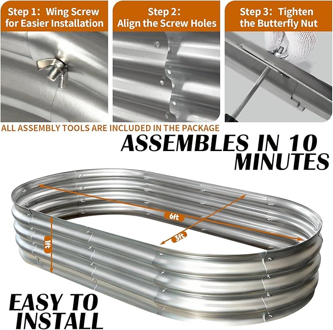 Galvanized Raised Garden Bed Kit, Planter Garden Boxes Outdoor, Oval Large Metal for Vegetables Fruits, Flowers Planter Boxes, Easy Assembly Garden Bed Kit (Silver, 6×3×1FT (2-Pack)