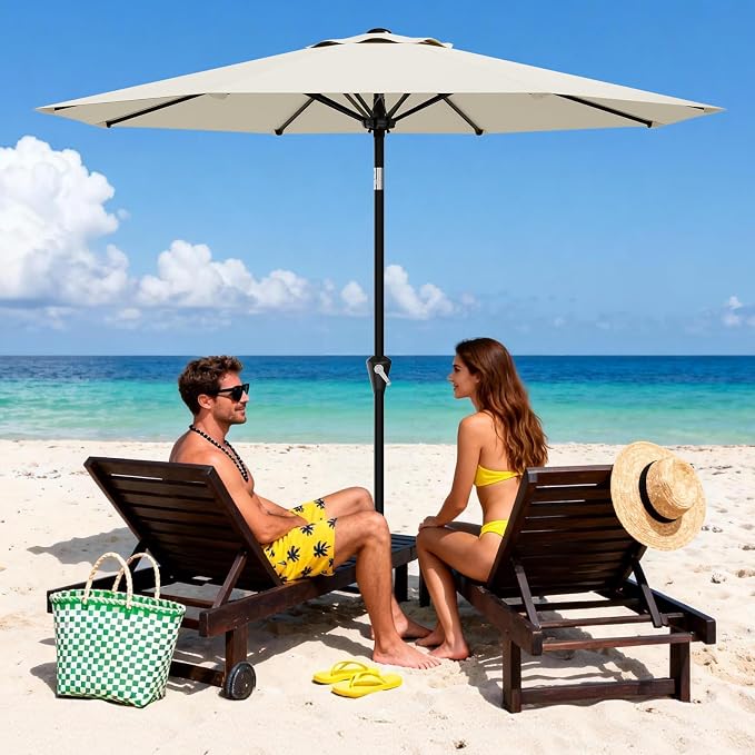 GarveeLife 9FT Patio Umbrella Outdoor, Table Umbrella with Push Button Tilt and Crank, 8 Sturdy Ribs UV Protection Waterproof for Garden, Pool, Market, Deck (Beige White)