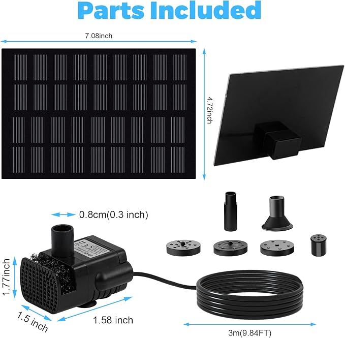 2W Solar Water Fountain, DIY Solar Fountain Pump Kit with 4 Spray Nozzles, 9.84ft Power Cord, Solar Powered Bird Bath Fountain Pump for Garden Pond, Patio, Outdoor Solar Fountain