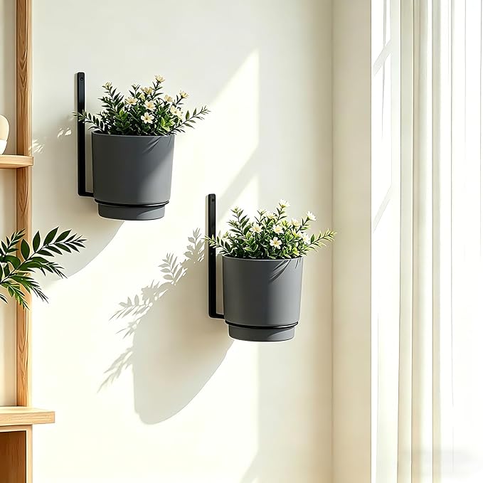 2 Pcs Wall Mounted Hanging Planter Vase for Indoor Outdoor Plants,Modern Metal Wall and Ceiling Hanging Flower Pot with Removable Flower Pot,Minimalist Decor for Herbs Succulents Flowers,6.7Inch,Grey