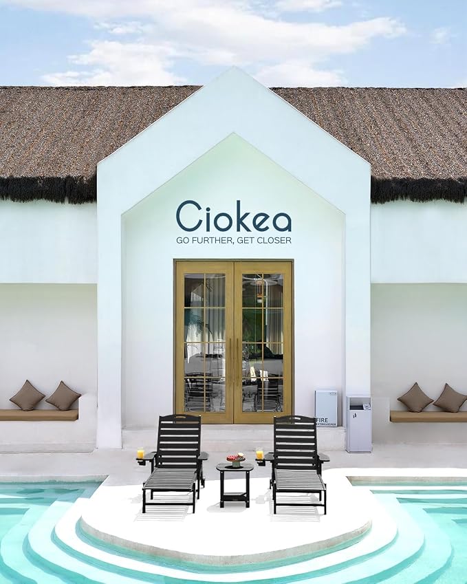 Ciokea Outdoor Chaise Lounge Chair Set of 2, Patio Lounge Chairs for Outside, HDPE Lounge Chairs with Wheels & Cup Holder, Poly Lounge Chair with 5 Position for Poolside, Deck, Black