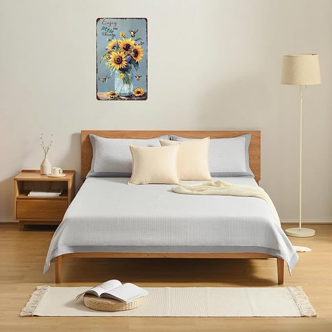 Enjoy The Little Things Sunflowers And Hummingbird Metal Sign Vintage Tin Sign Funny Wall Decor for Garden Kitchen Backyard Bedroom Home 12×8 Inch
