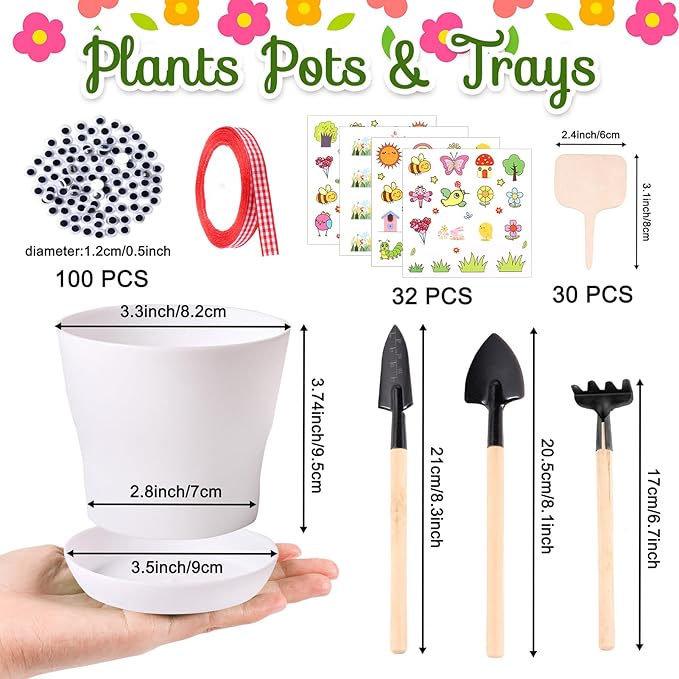 30 Pack Garden Plastic Pot Craft Kit DIY Flower Plant Crafts Nursery Pots with Stickers Flower Planting Growing Kit for Spring Summer Home Classroom School Creative DIY Art Project Activities