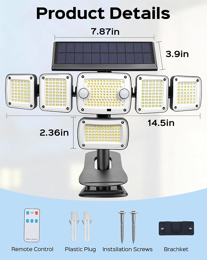 Solar Flood Lights Outdoor,6000LM 336 LEDs Dual Clip on Motion Sensor Lights with 360° Wide Angle &3 Modes, IP65 Waterproof Security Lights for Yard Patio Garage Garden,2Pack