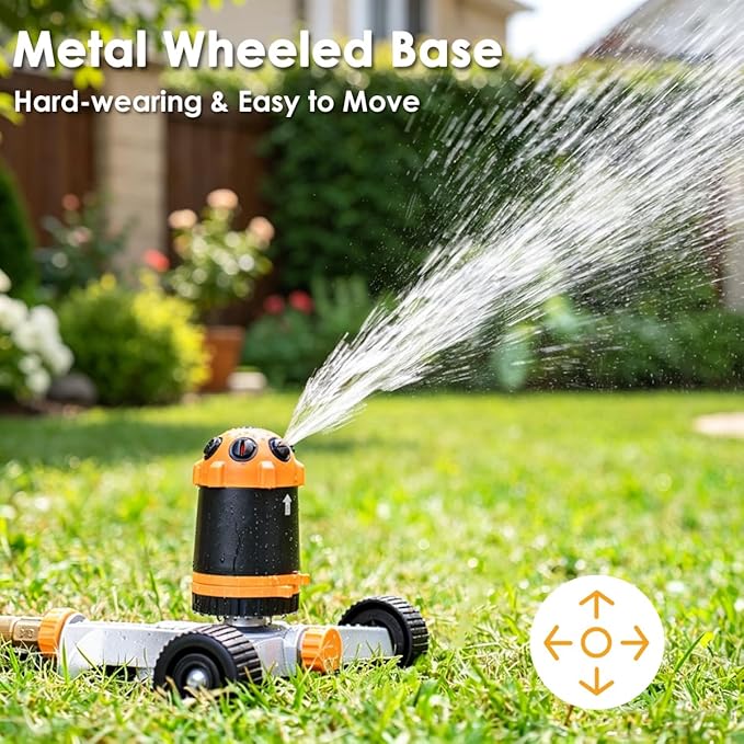 FANHAO Gear Drive Lawn Sprinkler with Metal Wheel Base, Heavy Duty 6-Pattern Water Sprinkler System, Adjustable Irrigation Sprinkler for Large Area Watering, Garden Plant, Yard and Flower Bed