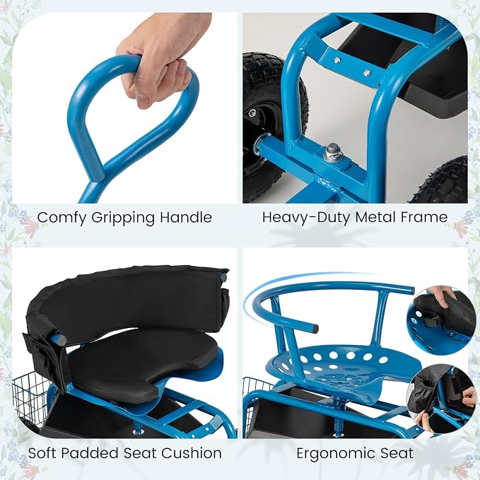Garden Cart with Seat, Heavy-Duty Rolling Wagon Scooter with Wheels, Height Adjustable & 360° Swivel Seat, Storage Tray, Basket & Handle, Outdoor Gardening Work Seat for Patio Yard(Blue)