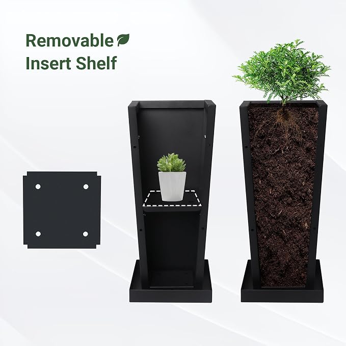 24" Metal Tall Outdoor Planters Set of 2, Durable & Wealtherproof | Tall Planters with Drainage Insert Shelve & Trays, Black Outdoor Planters for Porch, Garden, Yard