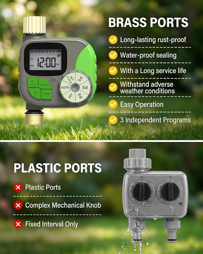 Brass Sprinkler Timer, IP55 Programmable Hose Water Timer with 3 Watering Program, Digital Watering System with Rain Delay & Manual Override, for Garden, Lawn, Yard Care - Green