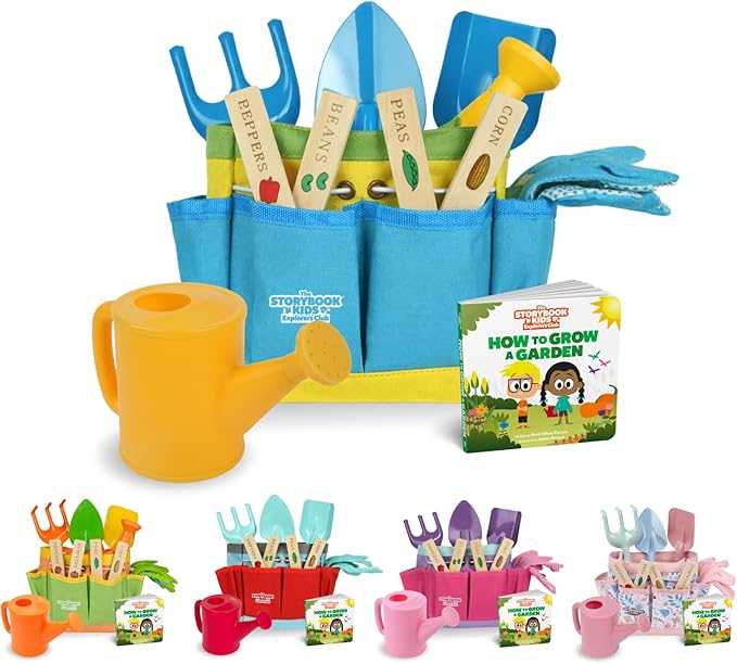 Kids Gardening Set – Toddler Gardening Kit Includes Watering Can for Kids, Shovel, Rake, Plant Stakes, Kids Gardening Gloves, Tote Bag & STEM Learning Gardening Guide Book - Garden Tool Set Blue