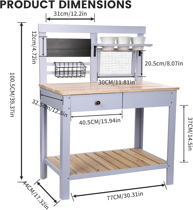Potting Bench Outdoor Potting Table—Outdoor Kitchen for Kids, Solid Wood Garden Work Station with Sink、Drawer、Hooks、3Flower Pots, Weather Proof