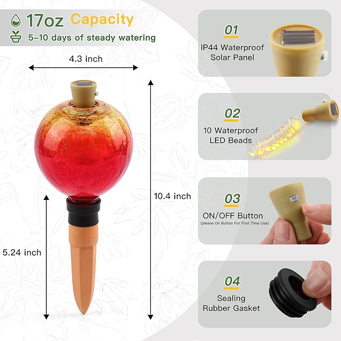 SAVENNA Crackle Glass Plant Watering Globe with Terracotta Spike,Self-Watering Irrigation for Potted Plants, with Solar Accent Light for Indoor & Outdoor Décor, 17oz, Gold–Red Gradient
