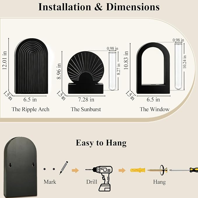 TBWIND Black Wooden Wall Vases for Flowers Set of 3, Propagation Planter with 2 Glass Tubes, Modern Farmhouse Hanging Wood Decor for Living Room, Entryway
