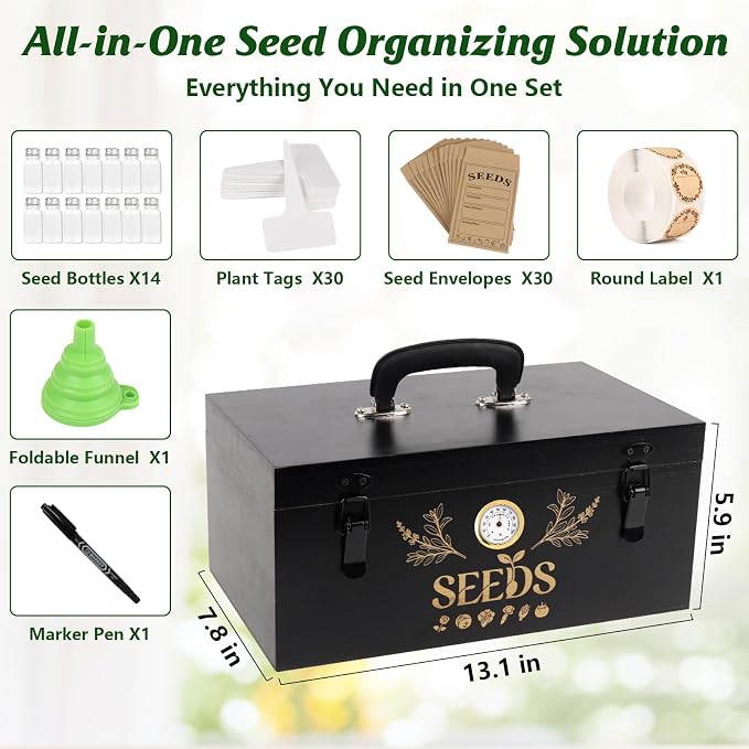 Seed Storage Box with Built-in Hygrometer, Natural Bamboo Seed Saving Box with Seal Design Lid, Safety Lock & Solid Handles, Extra Seed Envelopes and Labels – Great Gift for Gardeners (Black)