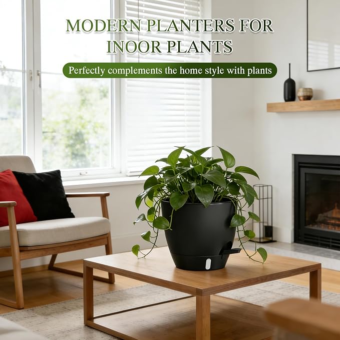 Self Watering Pots with Drainage Holes, 2 Pack 10 Inch Plant Pots with Water Level Indicator Deep Reservoir, Large Plastic Planter for Indoor Outdoor Plants - Black