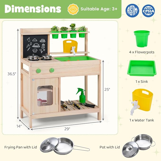 HONEY JOY Mud Kitchen with Running Water, Fir Wood Play Kitchen for Toddlers, 4 Planter Pots w/Accessories, Chalkboard, Sink & Faucet, Outdoor Kids Kitchen Playset for Garden Fun (4 Planter Boxes)