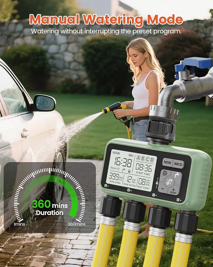 Sprinkler Timer 4 Zone Water Timer for Garden Hose Programmable Outdoor Hose Faucet Controller with Rain Delay Manual and Automatic Irrigation Controller System Low Battery Warning for Lawn Yard