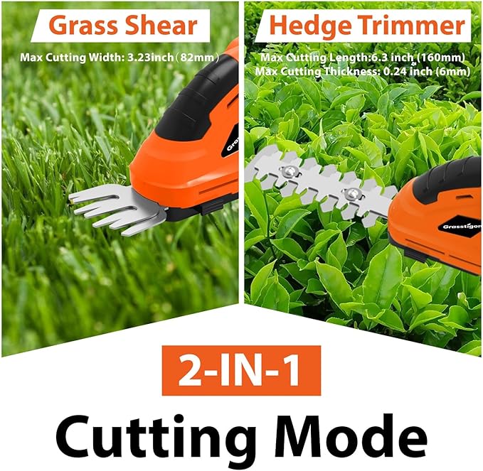 Grasstigon 7.2V Hedge Trimmer Cordless, 2 in 1 Grass Shear Handheld, Electric Bush Trimmer, Lightweight Rechargeable Shrub Trimmer for Garden Yard Lawn (Orange)
