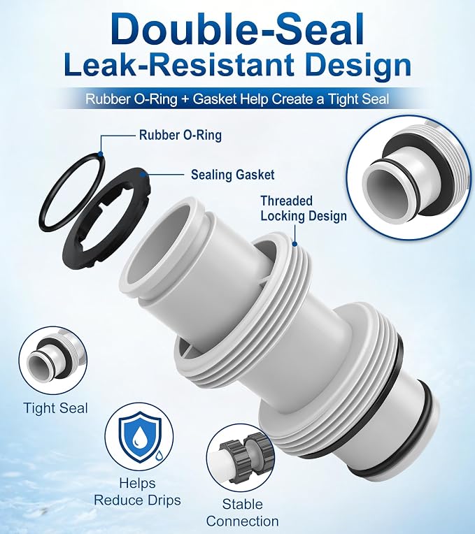 Pool Hose Connector for Leak-Proof Dual Seal and Stable Water Flow, 1.5" to 1.5" Pool Hose Adapter for Pool Parts and Accessories Replacement, Easy No-Tool Install for Above Ground Pools, 2PCS