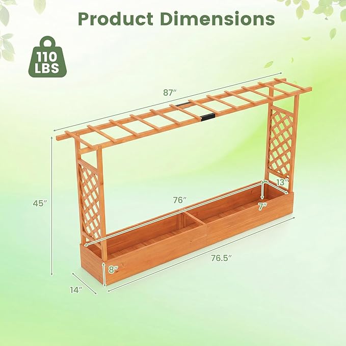 Giantex Wooden Raised Garden Bed with Trellis & Hanging Roof, Fir Wood Planter Box, 45” Freestanding Elevated Garden Bed for Outdoor Climbing Plants Vegetables Flowers, Patio & Balcony, Orange