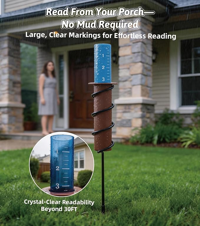 16.5″ Rain Gauge Outdoor Decorative with Floating Blue Tube, 7.8″ High Precision Plastic Rain Guage for Garden Yard Lawn, Freeze Proof Professional Measuring Tool with Large Scale and Steel Stake