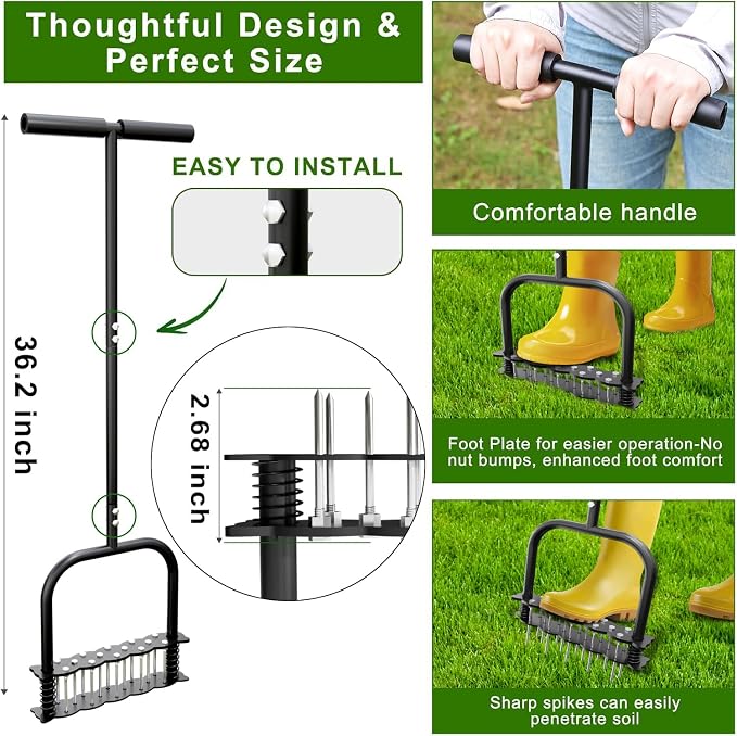 Lawn Aerator, Automatic Dirt and Leaf Clean Design, Heavy Duty Manual Lawn Aerator Tool with 14 Iron Spikes, Soil Lawn Aerating Tools for Yard Lawn and Garden, Aerator Spikes aerating Tool (Black)