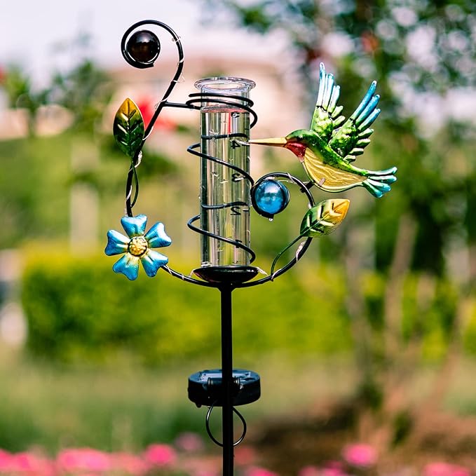 Stargarden Hummingbird Rain Gauge Outdoor Solar LED Lights Rain Gauge Decorative Waterproof for Yard Garden Patio Lawn