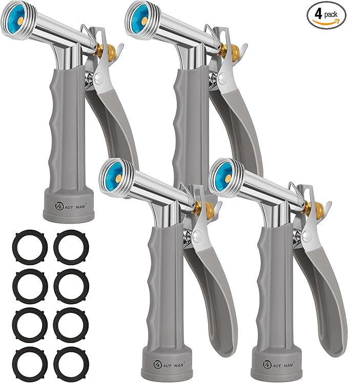 AUTOMAN Full Size Garden Hose Nozzle 4 Pack, High Pressure Pistol Grip Water Nozzle Sprayer with Threaded Front, Adjustable Spray Water Flow for Washing Car, Cleaning Ground, Watering Plants