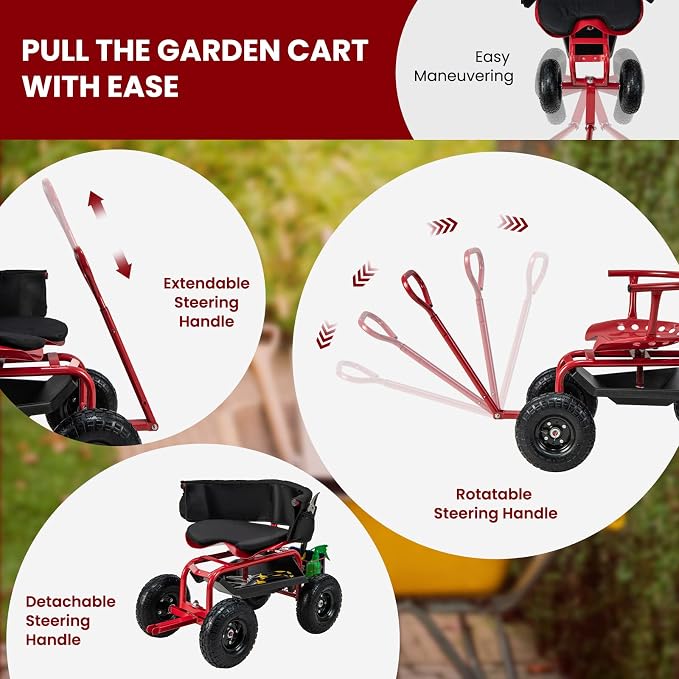 Garden Cart with Seat, Heavy-Duty Rolling Wagon Scooter with Wheels, Height Adjustable & 360° Swivel Seat, Storage Tray, Basket & Handle, Outdoor Gardening Work Seat for Patio Yard(Green)