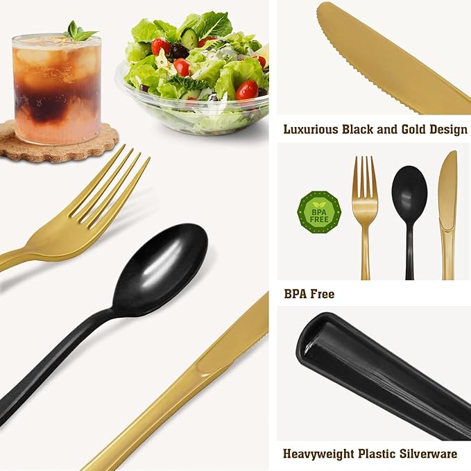 50 Pcs Black and Gold Plastic Forks Disposable Silverware Heavy Duty Black and Gold Plastic Cutlery Set for Graduation Party, Birthday, Retirement