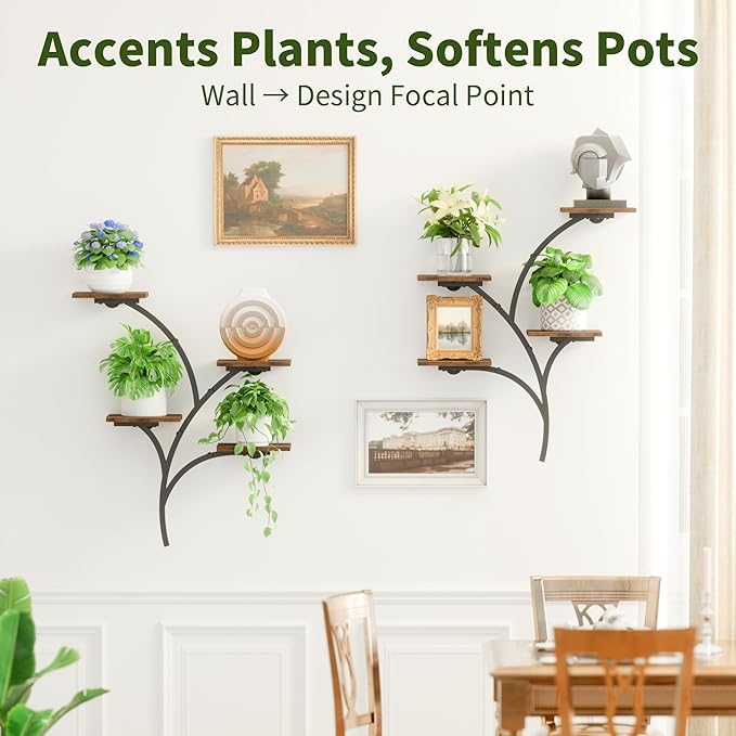 POZILAN Wall Planters for Indoor Plants, 2 Pack 8 Tiered Wall Mount Plant Holder, Sturdy Metal & Wood Hanging Planters for Living Room Window, Wall Plant Stand Indoor for Home Decor & Multiple Plants