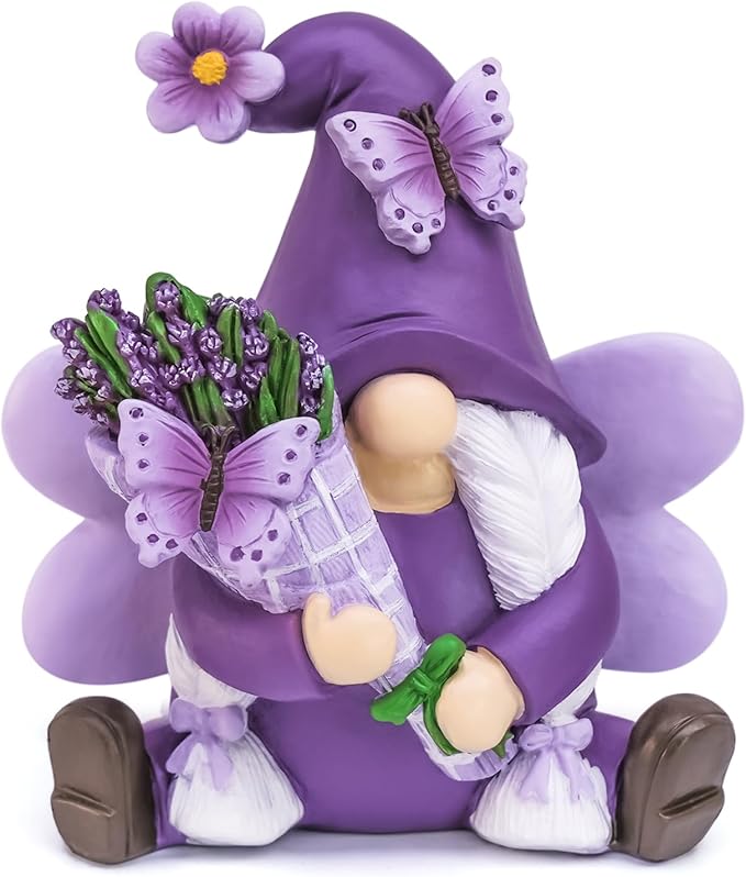 Lavender Gnome Spring Summer Decor, Fairy Garden Gnome with Butterfly & Lavender Bouquet, Purple Gifts for Women Yard Porch Flower Bed Decor