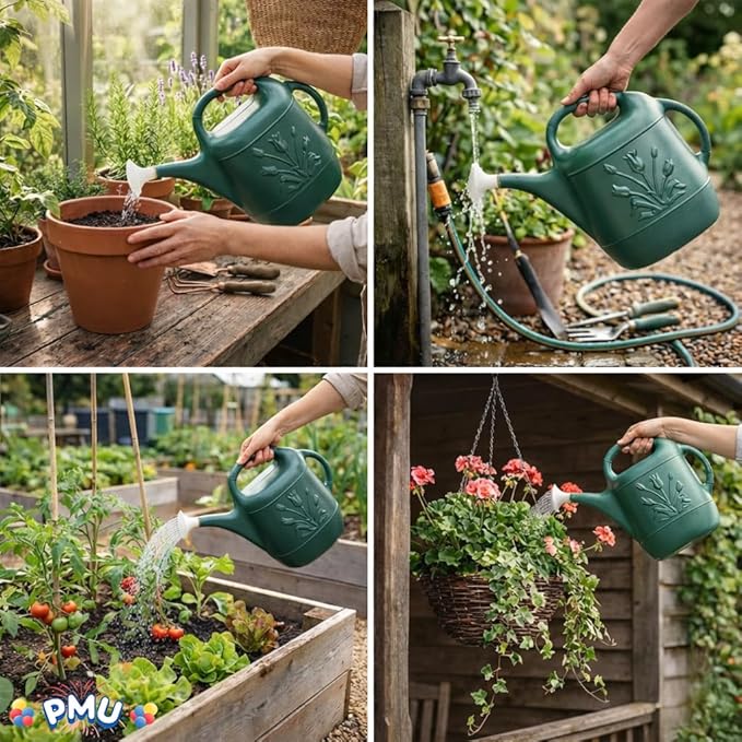 PMU 2 Gallon Watering Can - Garden Watering Can for Indoor & Outdoor Plants - Plastic Water Can with Detachable Sprinkler Head - Large Water Pot, Made in USA - Hunter Green Pkg/3