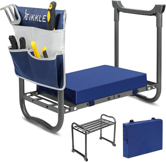ikkle Garden Kneeler and Seat, Gardening Stool with Thicken & Widen Soft Kneeling Pad, Heavy Duty Foldable Gardener Stool with Tool Pouch, Gift for Gardeners, Holds 838LB+
