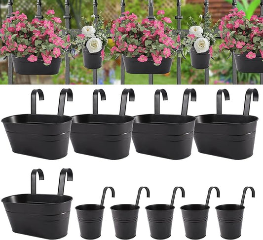 HowRU Metal Iron Flower Pots for Railing Fence Hanging Bucket Pots(5 Pcs) and Hanging Flower Pots Metal Iron Bucket Planter(10 Pcs) (Black)