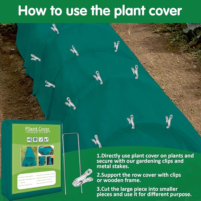 Plant Covers Freeze Protection, 10ft x 50ft 1.41 oz/yd² Frost Cloth Plant Blankets Floating Row Covers with 35 Stainless Steel Clips for Winter Plants Gardens Frost/Sun Pests Protection, Dark Green
