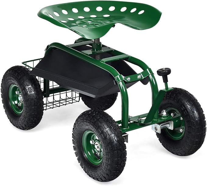 IRONMAX Garden Cart with Seat, Gardening Rolling Stool Scooter with 10’’ All-Terrain Wheels, Convenient Pull Handle & Tool Tray and Basket for Outdoor Planting (Green)
