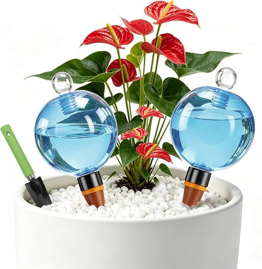 2 Pcs Plant Self Watering Globes with Covers，Self Watering Planter Insert,Automatic Plant Waterer Indoor ，17.5 oz Watering Bulbs with Terracotta Watering Spikes with Shovel (Blue)