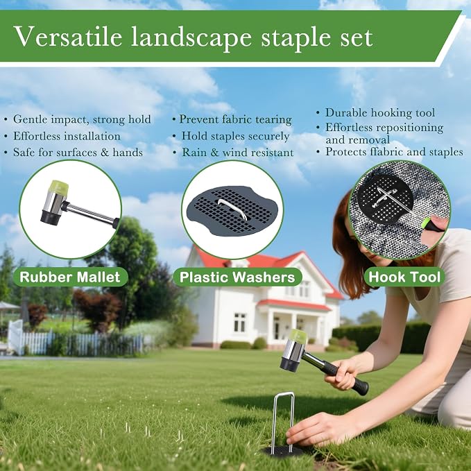 6 Inch Landscape Staples Set, 11 Gauge Galvanized U-Shaped Garden Stakes (100 Pack) with Gaskets, Hook Tool & Rubber Mallet for Weed Fabric & Landscaping